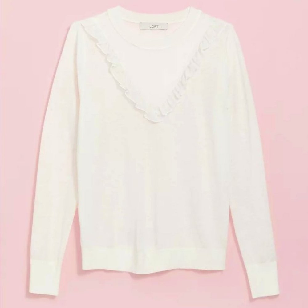 Loft Sweater Ruffle Yoke Mixed Media White New